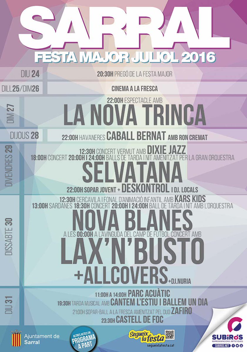 SubirosRepreArt's tweet photo. Torna la calor i també les millors FESTES MAJORS!
Aquesta setmana us esperem a SARRAL, PU...
https://t.co/BP2oiP3MQW https://t.co/faD1o6hNZP
