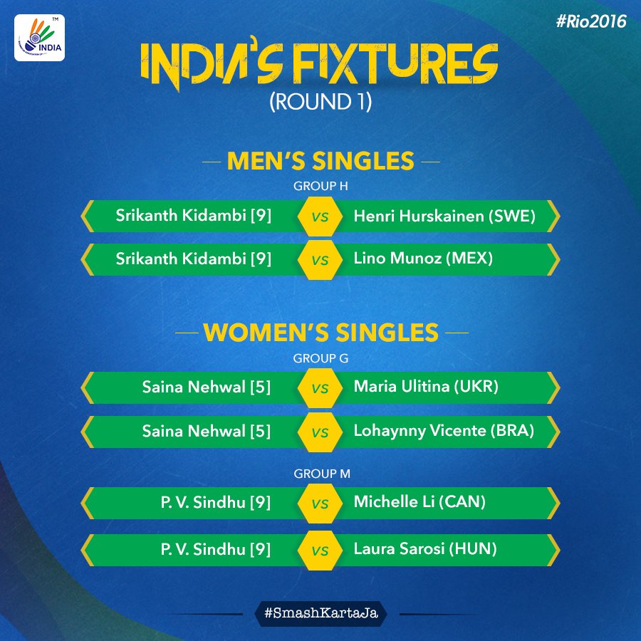 BAI_Media's tweet photo. Who will the Indian shuttlers face in the Round Robin stage at #Rio2016? Here are the fixtures!

#SmashKartaJa https://t.co/DKhrKll7ET