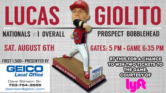 FXBGNats's tweet photo. RT to win 2 tix from @lyft to the Lucas Giolito Bobblehead game, presented by Dave Stinson Geico, on Aug 6th! https://t.co/VCxwC1mwRX