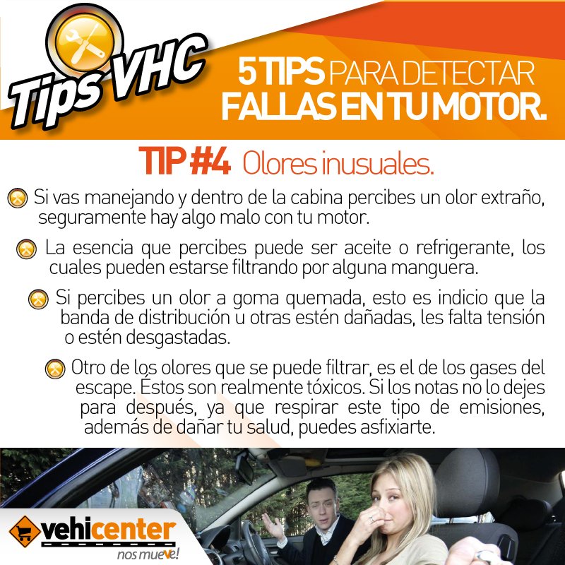 Vehicenter's tweet photo. Tips VHC: 5 tips para detectar fallas en tu motor. Hoy, Tip #4 Olores inusuales. #tipsvhc #mecanica #vehicenter https://t.co/ybpqviHLOY