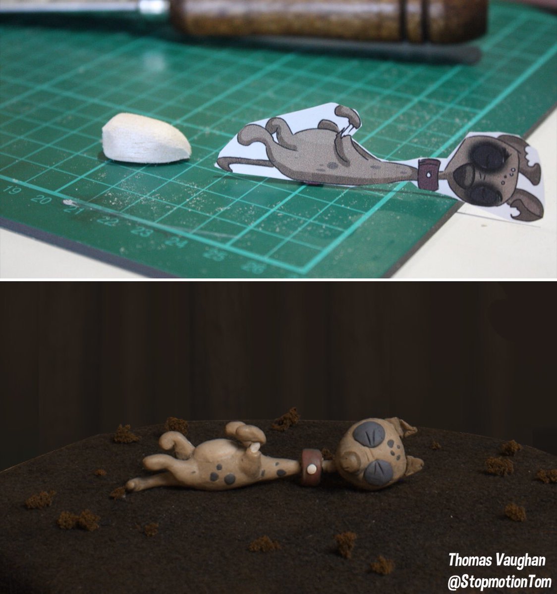 StopmotionTom's tweet photo. 2D design of Max's dog, and the finished sculpt! 
#stopmotion #animation #sculpting #plasticine #characterdesign https://t.co/VnQupiH6Bo