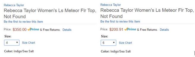 randiliodice's tweet photo. @MyRebeccaTaylor FYI @AmazonFashion has $150 price diff for same 2 tops. Told me price was set by you. #disappointed https://t.co/214WHE0k3z