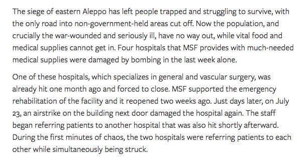 MSF_USA's tweet photo. UPDATE in #Aleppo: 250,000 people are trapped, under attack, &amp; struggling to survive https://t.co/oxReIAgbgL https://t.co/ggy6pPHjaM