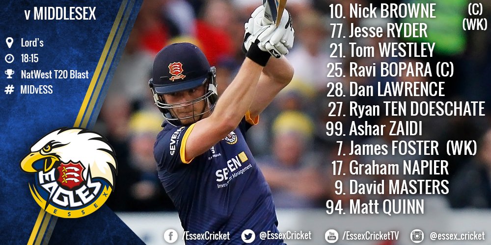 EssexCricket's tweet photo. TEAM | The Eagles make 1 change from the Kent match, with Ryder coming in for Taylor. Play starts at 6:15pm #MIDvESS https://t.co/GN7gekR3uE