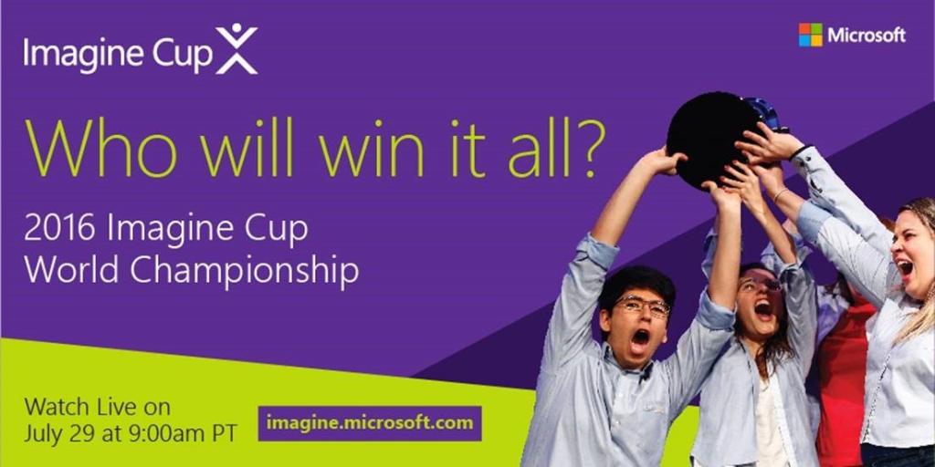 MSFTImagine's tweet photo. Three #ImagineCup teams are left. Only one can win the Championship. Don’t miss it! https://t.co/WosT4P7CXt https://t.co/A9Q6Rhv1nc