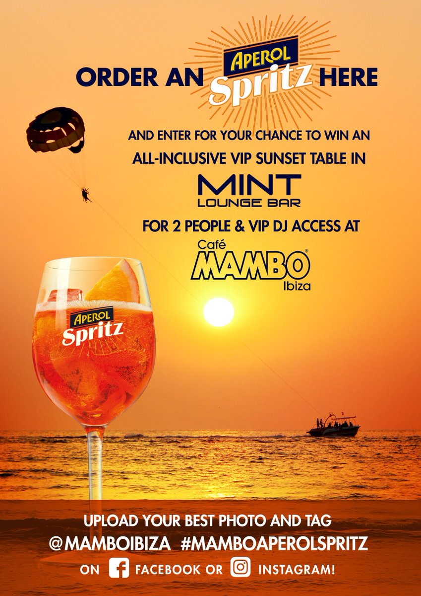 CafeMamboShop's tweet photo. #win a cool prize @Mintloungeibiza by entering our competition. Buy an @Aperol Spritzer and upload your photo to win https://t.co/7U1XXQzVFx