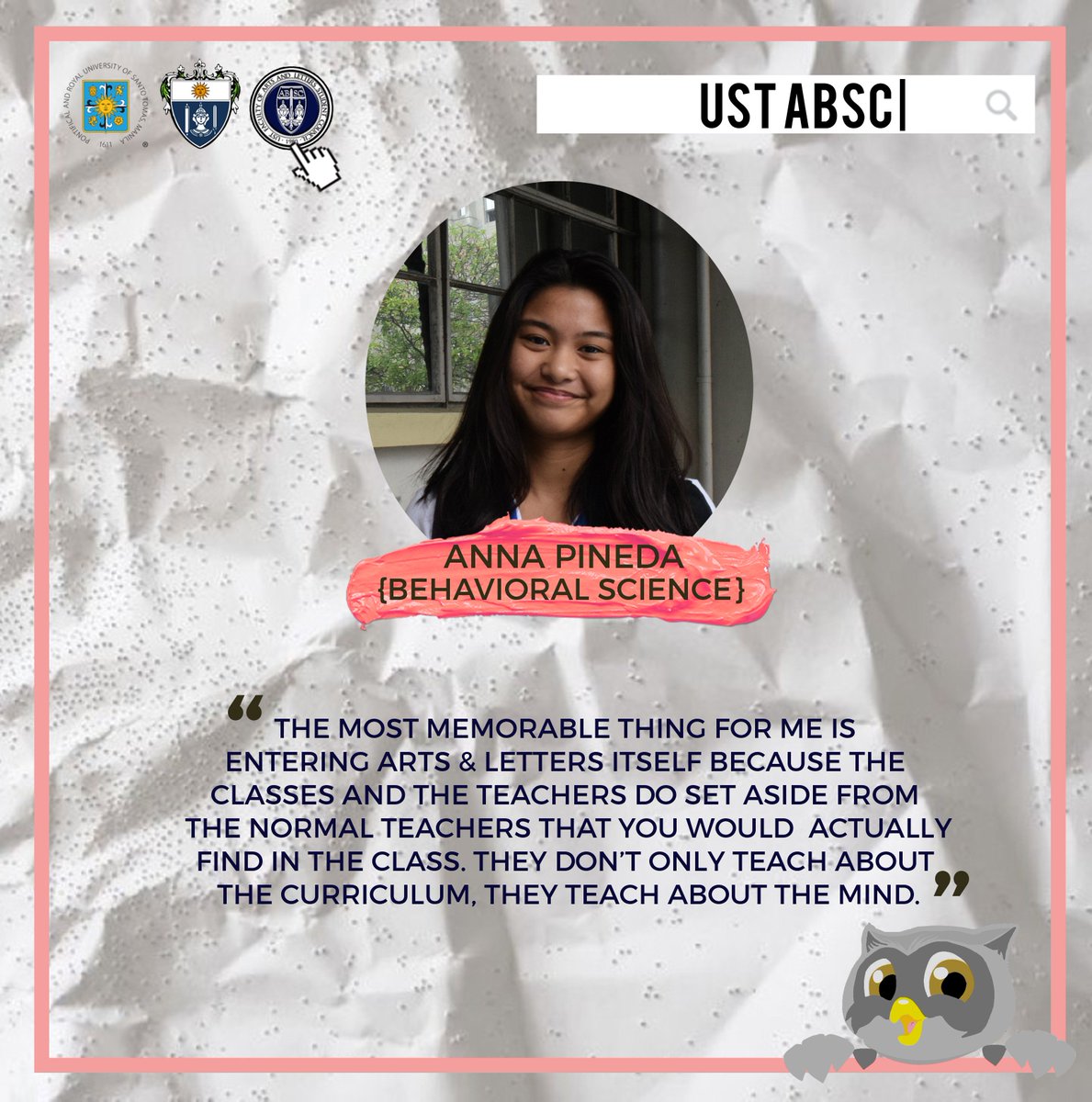 ust_absc's tweet photo. "What makes you love AB?" Take it from Anna who witnessed and experienced what life is like inside AB. #BuhayArtlet https://t.co/8FEcHP96HN