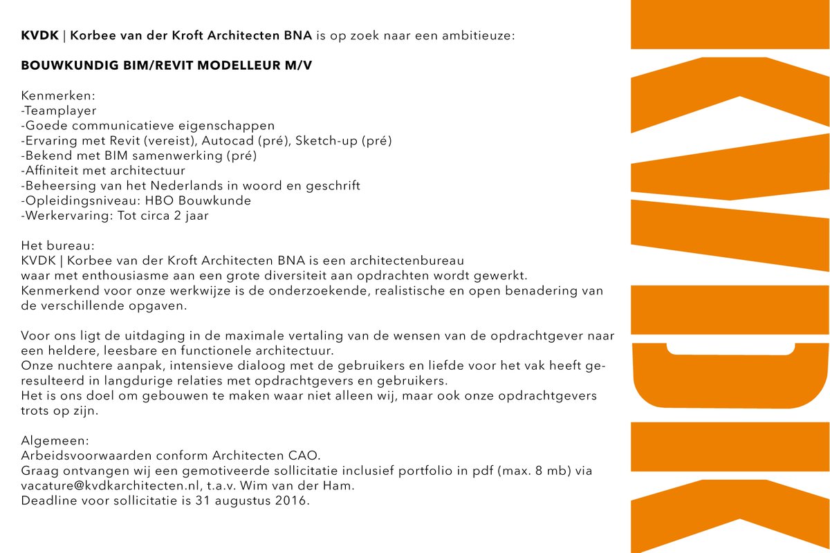 Wij zoeken een Bouwkundig BIM/Revit modelleur M/V #vacature #jobs #BIMmodelleur         kvdkarchitecten.nl/nl/bureau/vaca…