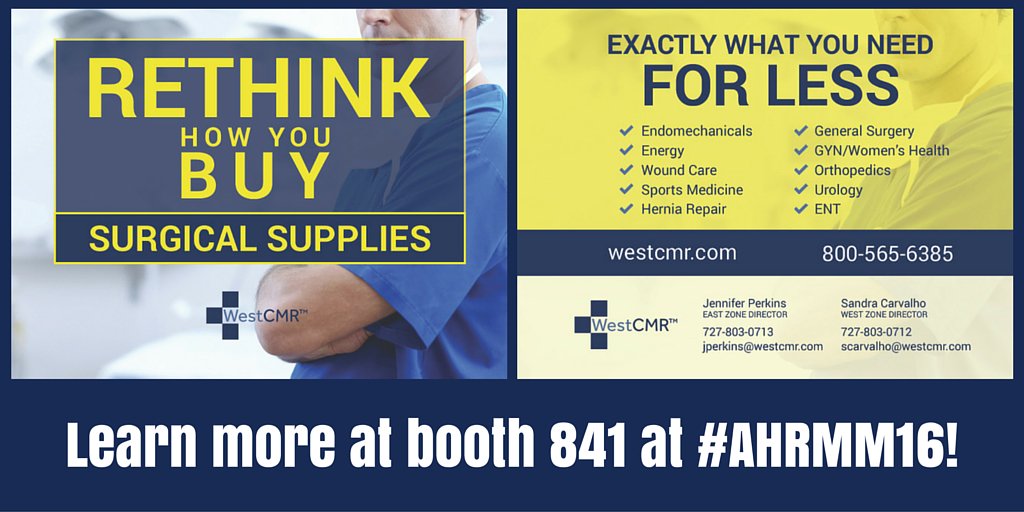 WestCMR's tweet photo. Stop by booth 841 to learn about discounted #SurgicalSupplies for your #healthcare business. #AHRMM16 https://t.co/qdghqSDTog