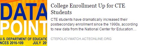 actecareertech's tweet photo. Are more #CTE students going to college? Find out in ACTE's latest blog post- https://t.co/Emkov5XSEy @EdNCES https://t.co/WMc6bjdVPd