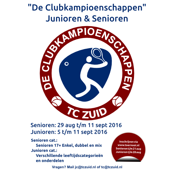 De clubkampioenschappen komen er weer aan 😃🎾. Alleen voor leden van TC Zuid. Schrijf je snel in. Zie poster. #TCZuid