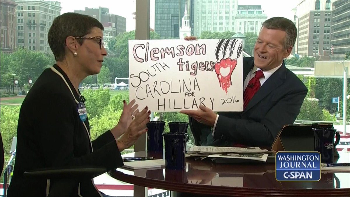 cspanwj's tweet photo. .@Marg_Willis was featured on the front page of the @nytimes &amp; brought her sign to the studio #DemsinPhilly https://t.co/N0zcbEHQyd