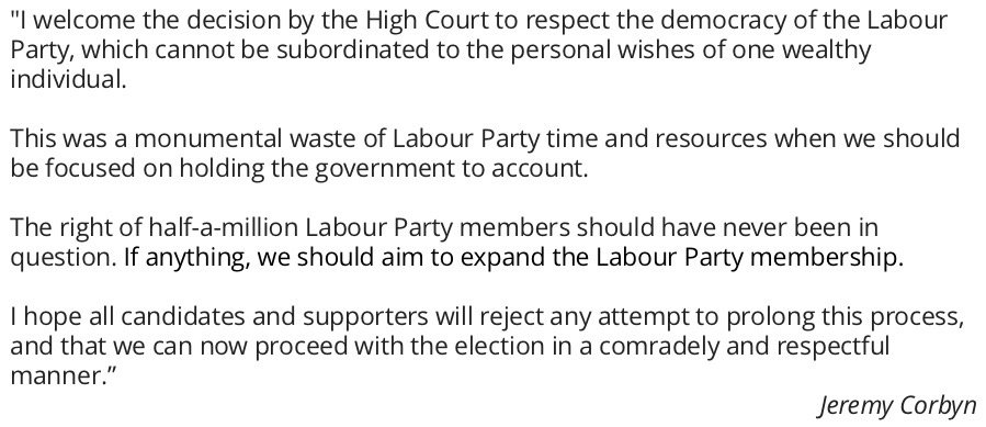 jeremycorbyn's tweet photo. I welcome the decision by the High Court to respect the democracy of the Labour Party. https://t.co/XVF3lxYlmm