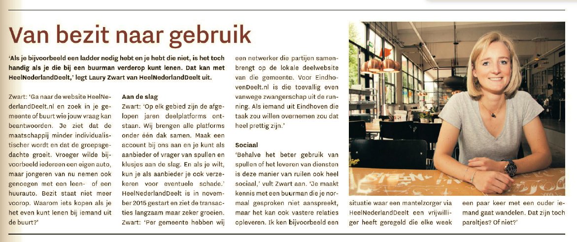 LauryZwart's tweet photo. "Van bezit naar gebruik” HeelNederlandDeelt in Weekblad @grooteindhoven https://t.co/Xg1lJSdjXq #Deeleconomie https://t.co/VnaXlgdvZG