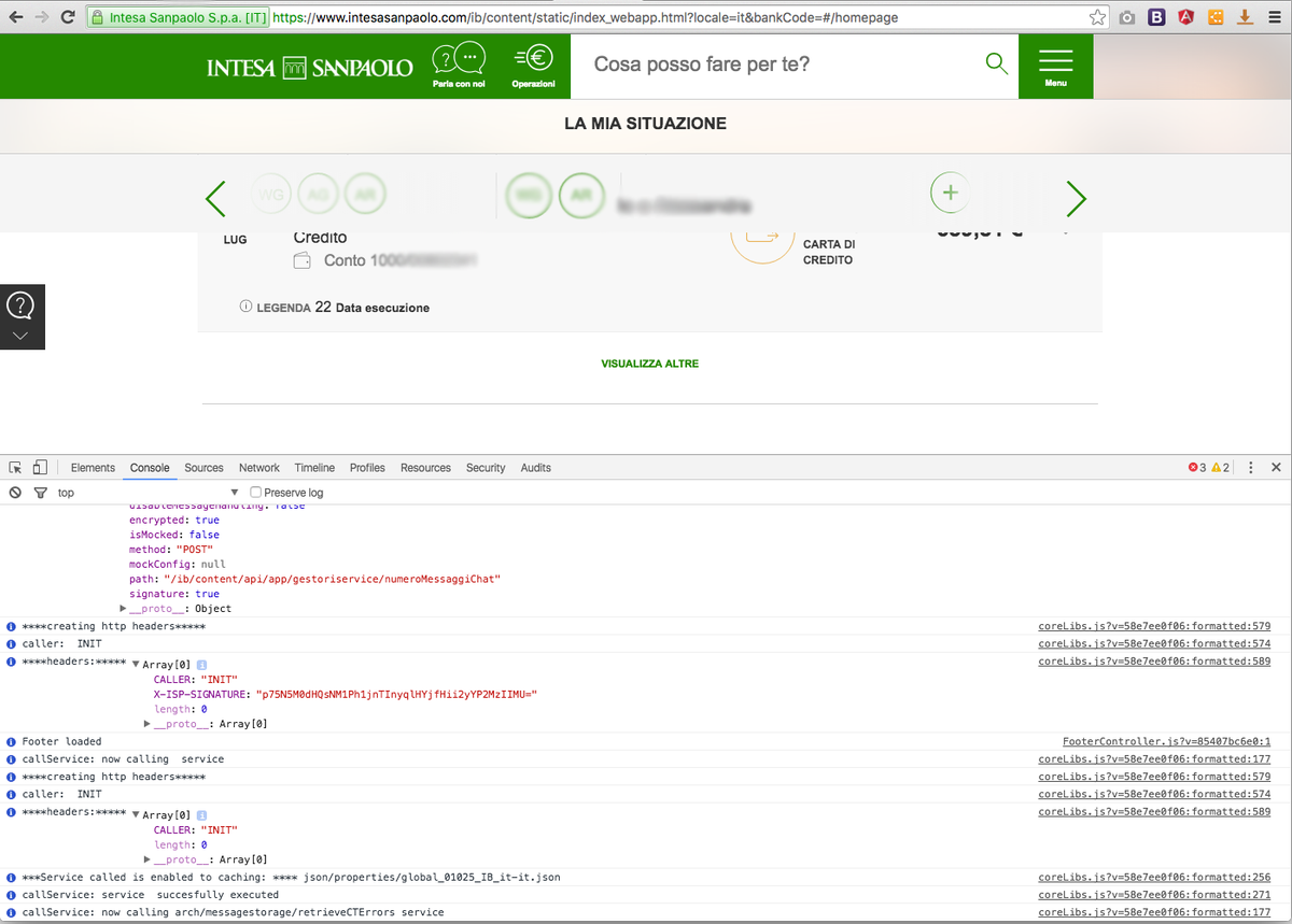 iakta's tweet photo. @IntesaSP_Help segnaliamo che il vs nuovo sito lascia in chiaro molte info: aprire l'Inspector di Chrome per vedere https://t.co/kGer8sMMfr