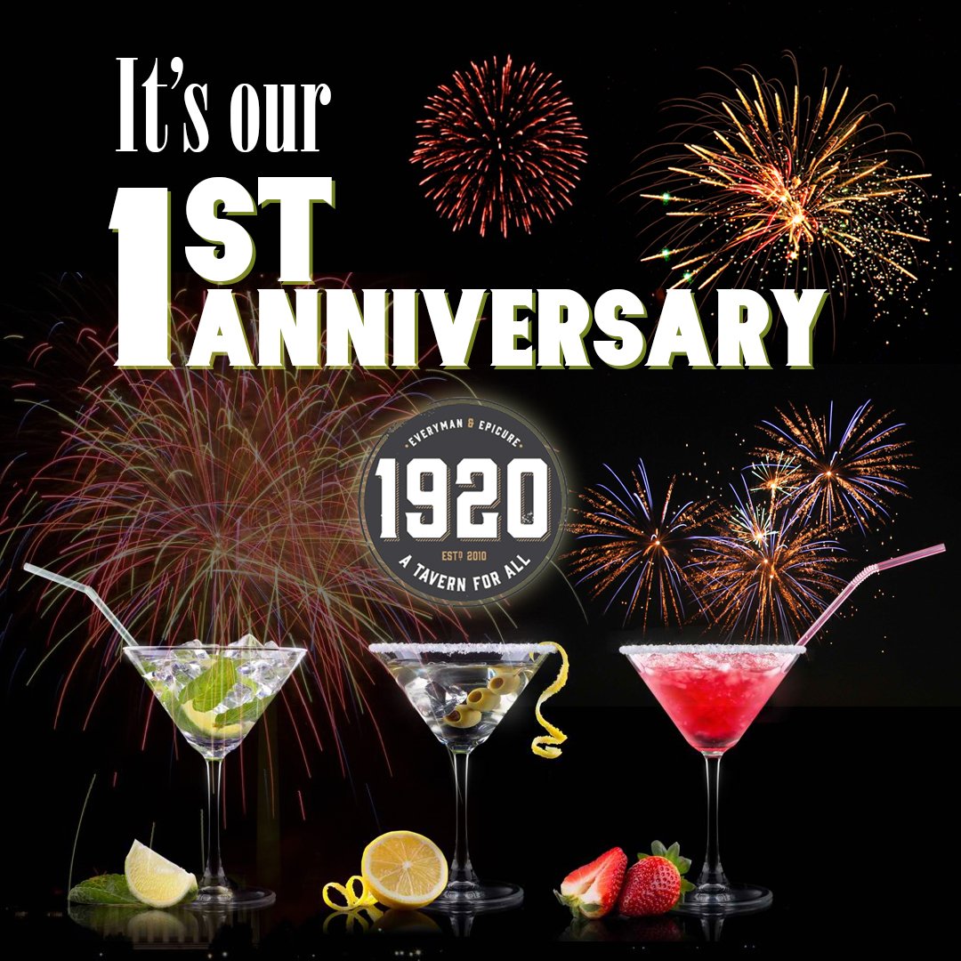 Today is the Day! It's our 1st Anniversary!! $5 martinis and Food Specials ALL DAY LONG!! #Anniversary #1920Tavern
