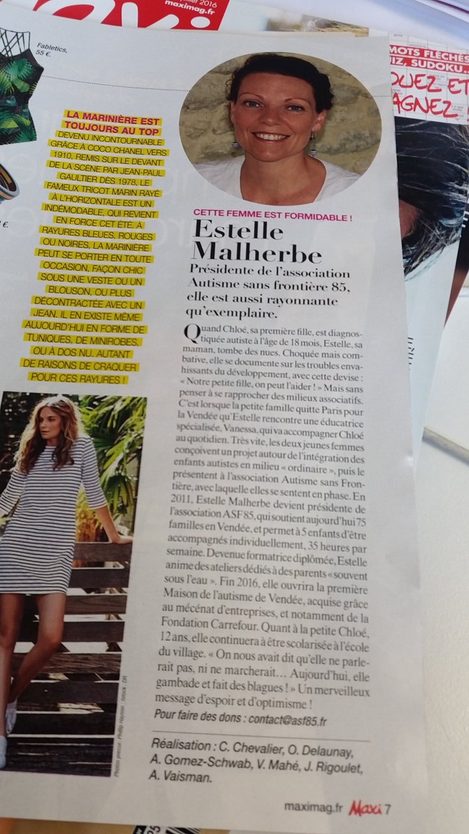 An_Lann's tweet photo. #autisme @MagazineMaxi fait le portrait d' E.Malherbe lumineuse présidente d'#ASF85 |ASF dont #Carrefour est part. https://t.co/x8AIySJT7U