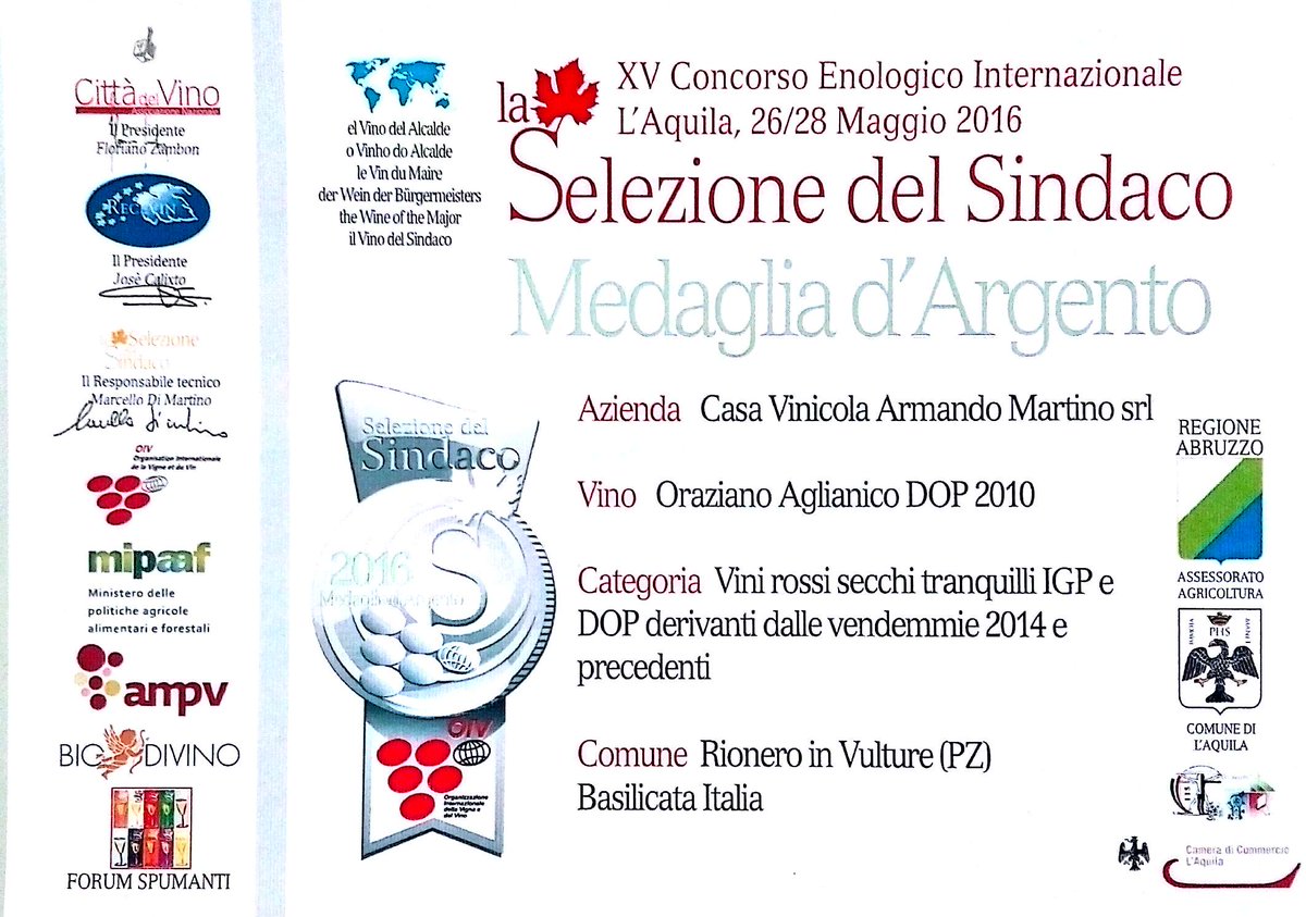 Leonardo Rotondi On Twitter L Aglianico Del Vulture Doc Oraziano 2010 Ha Vinto La Medaglia D Argento Al Xv Concorso Enologico Internazionale