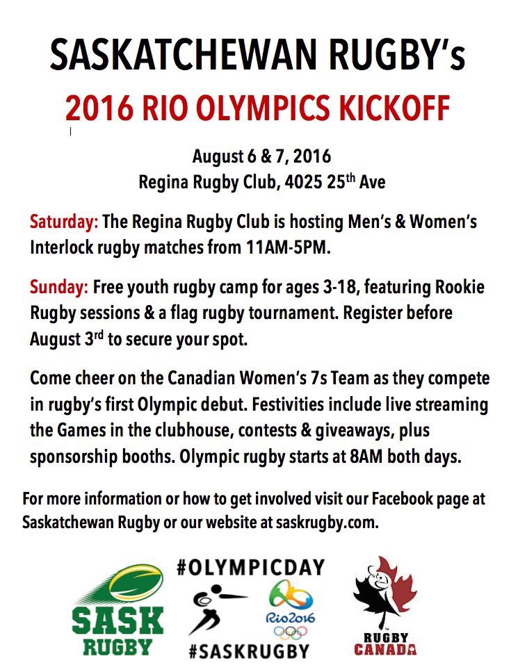 <a href="/SaskRugby/">Saskatchewan Rugby</a> Olympic Kickoff! Aug 6 &amp; 7 <a href="/rugby_regina/">Regina Rugby Club</a>