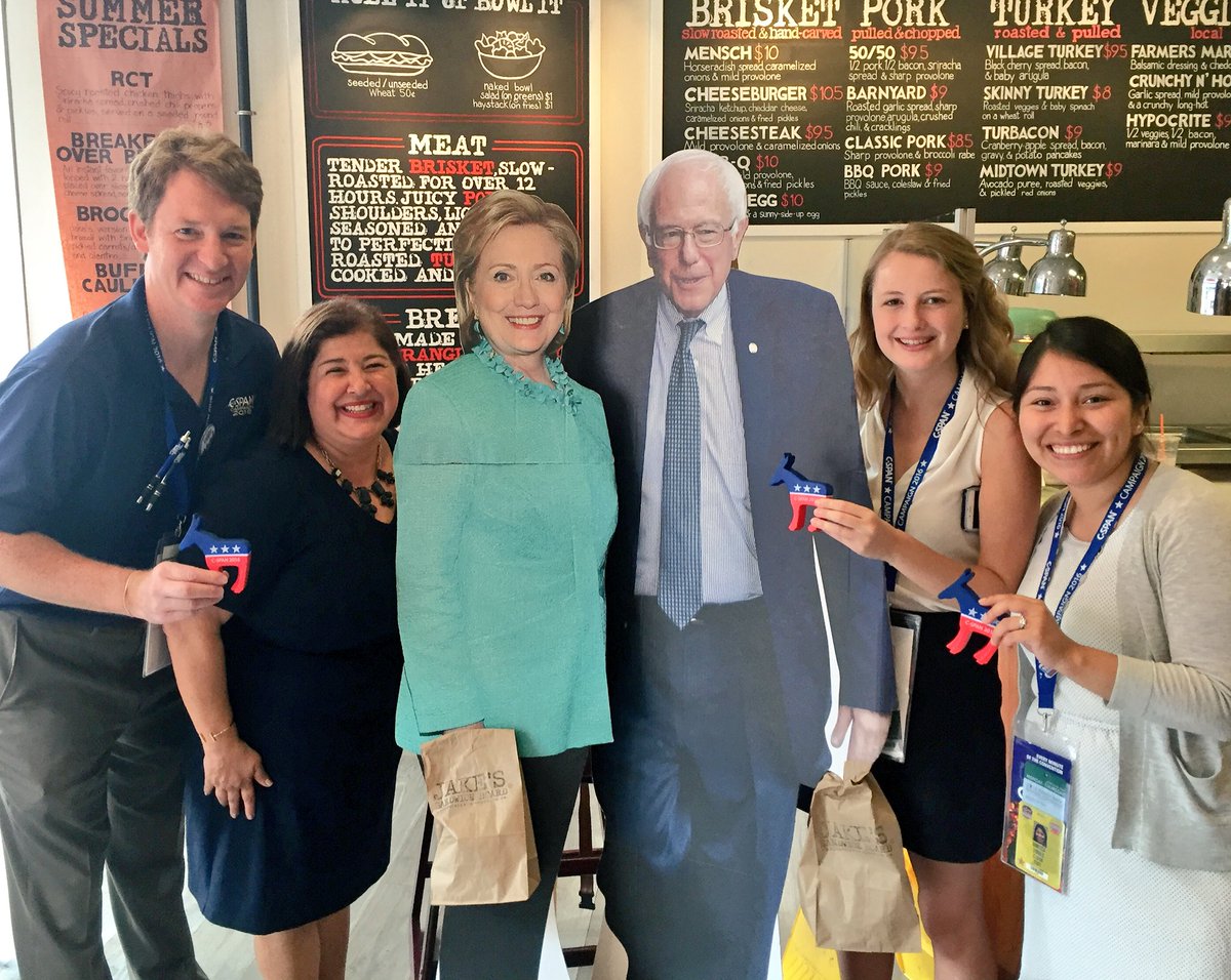 cspanbus's tweet photo. The Bus crew stops by @JakesSandwich to re-energize before our last day of the #DemsInPhilly! #DemConvention https://t.co/78ic856fv4
