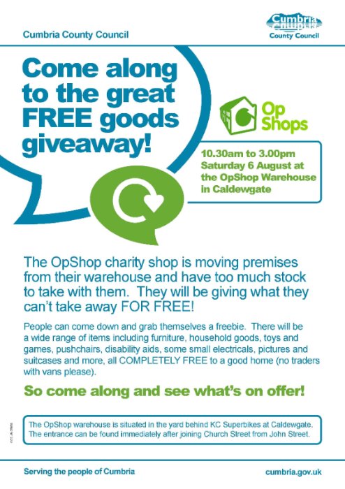 Free goods giveaway in #Carlisle on Sat 6 Aug 10.30am-3pm at Op Shop on Caldewgate. Items free to good homes <a href="/edenfm/">Radio Eden Fm 97,5</a>