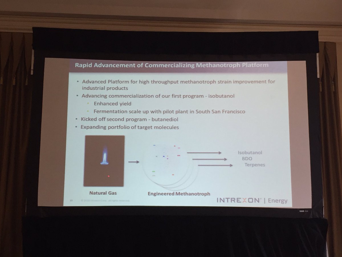 ZymoChem's tweet photo. @Intrexon scaling isobutanol, starting their BDO program & terpenes. Engineers methanotroph efficiently #SIMBAM2016 https://t.co/eMKzRbYn3N