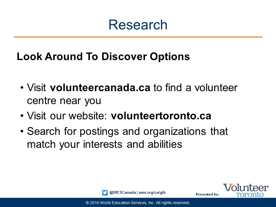 WESCanada's tweet photo. Some research tips from @VolunteerTO on #volunteering. #VolunteersOfTO #CdnImm #CdnExperience @CareerEdgeOrg https://t.co/Dm4IsKIXLG