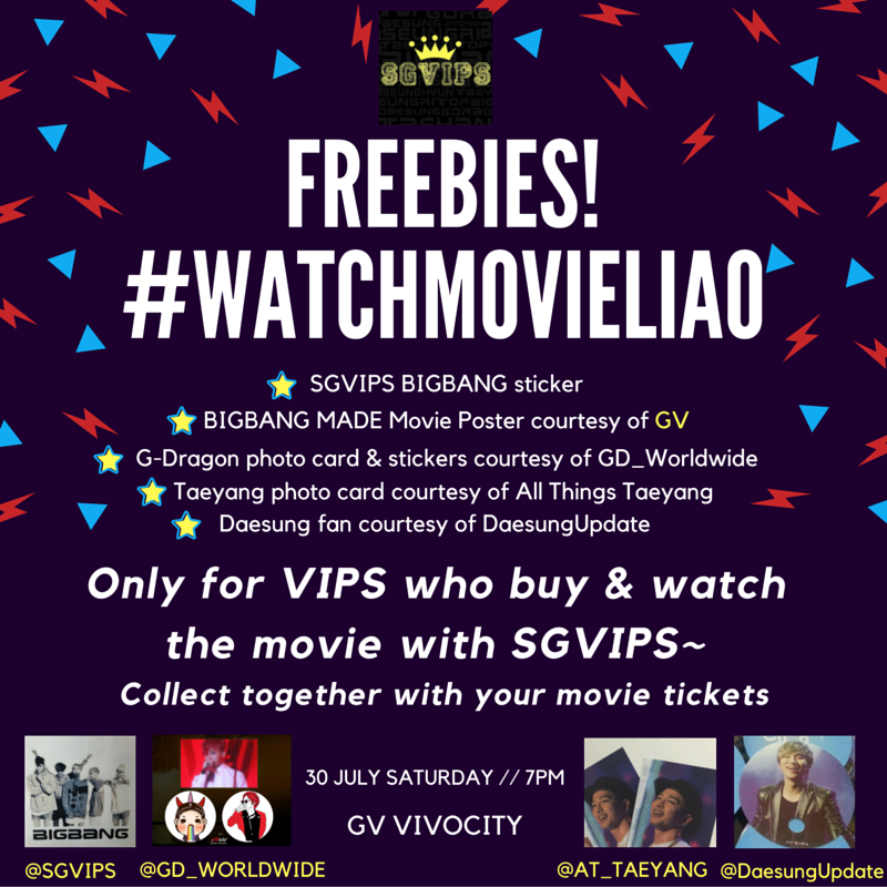SGVIPS's tweet photo. Update: Freebies for all who buy #BIGBANG #MADE Movie tix with #SGVIPS & watching with us! D-2! #WATCHMOVIELIAO https://t.co/HwHYziolCF