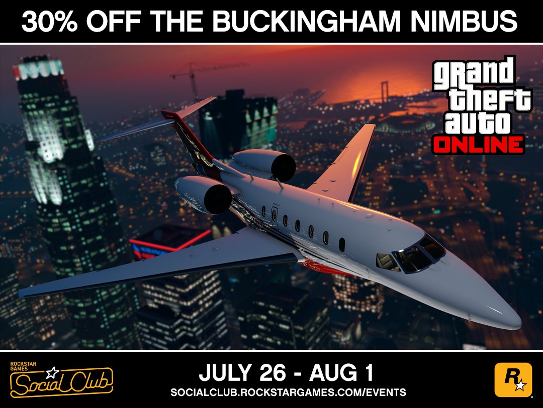 RockstarGames's tweet photo. Travel the skies in style 
30% off the Nimbus jet
Through this Monday Aug 1
#GTAOnline https://t.co/PHLgR5CktK