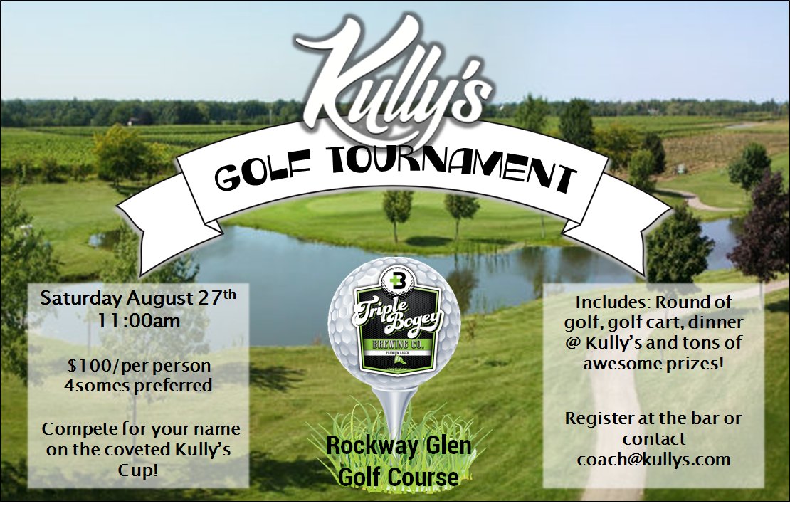 KullysSportsBar's tweet photo. Excited to announce Kully's @Triplebogey Golf Tournament Sat Aug 27.  Fun day of golf &amp; awesome prizes lined up #RT https://t.co/f4ShFG7teW