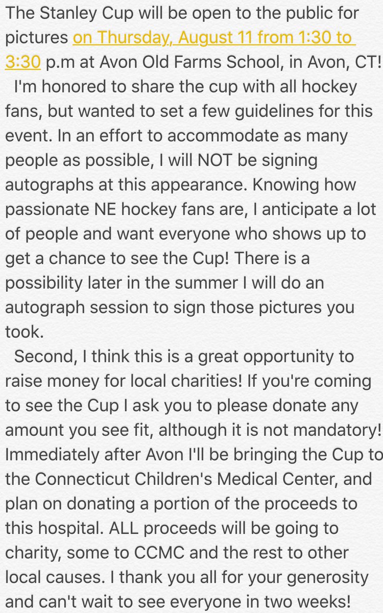 NickBonino's tweet photo. Hey hockey fans, all info about The Stanley Cup's CT appearance is below! Excited to see you all there. https://t.co/m5zkKO0Yoz