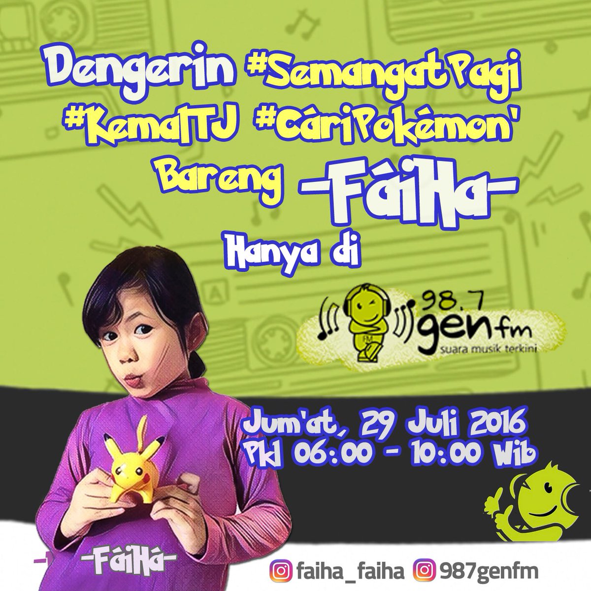 Yuk dengerin besok pagi di #semangatpagi #kemalTj #CariPokemon bareng <a href="/faiha_faiha/">Nazella</a> hanya di Genfm Jakarta 98.7 🙏🏻😊