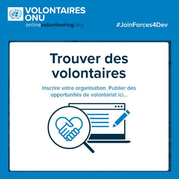 UNVOnline's tweet photo. L’enregistrement de votre organisation pour recruter des volontaires en ligne est gratuite et facile #JoinForces4Dev https://t.co/th1MOpngmV