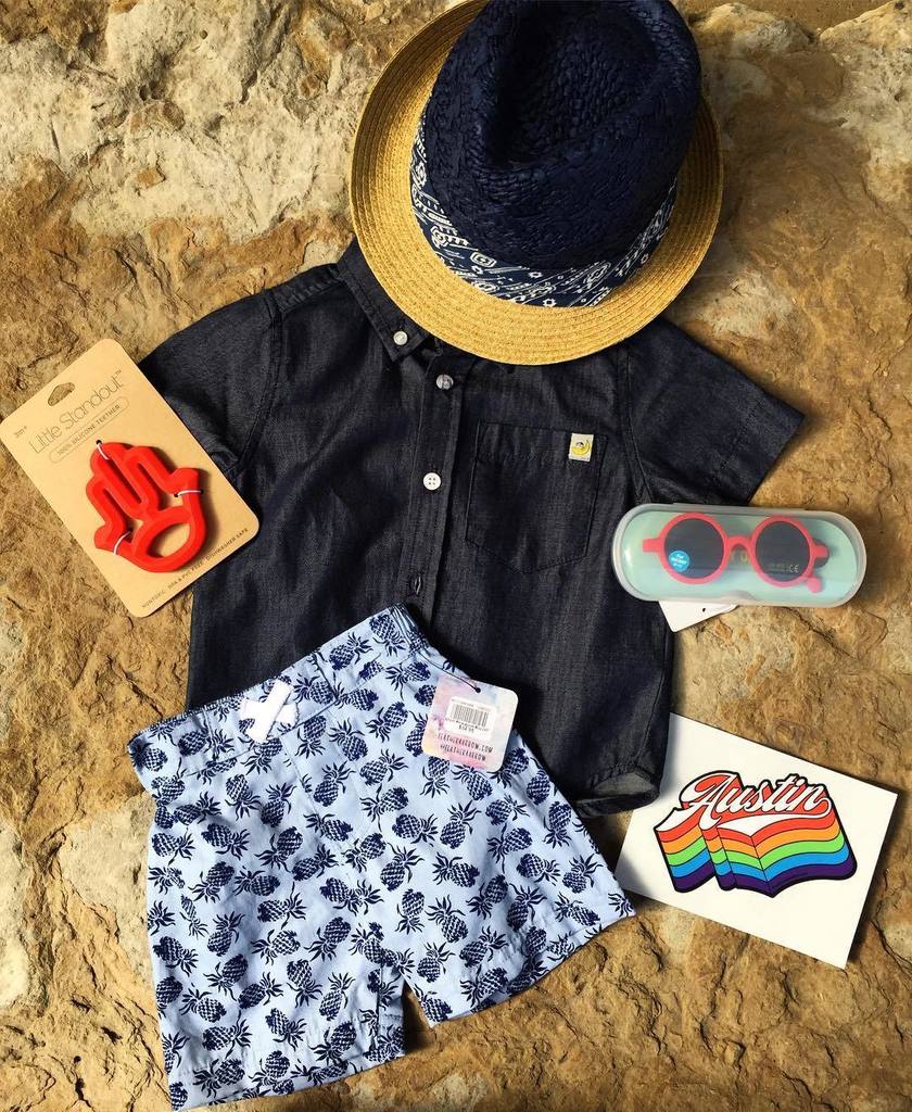 AustinRocksTX's tweet photo. Splash into summer with paisleys and pineapples! (Shirt: $42; trunks: $35; sunnies: $15; hat: $35) #kidsfashion #su… https://t.co/GqAu0gVlet