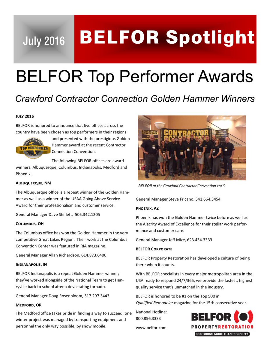 ShelbySawchuk's tweet photo. Belfor-Indy making it happen!  Congrats to all the Belfor Golden Hammer recipients! @BELFORGroup #BelforRed https://t.co/OwgY2AAzly