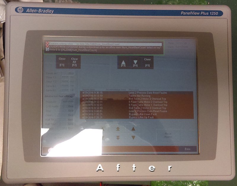 VartechSystems's tweet image. Before/After photos. Repair to an Allen-Bradley PanelView 1250 made by VarTech repair tech. #allenbradley #ruggedlcd