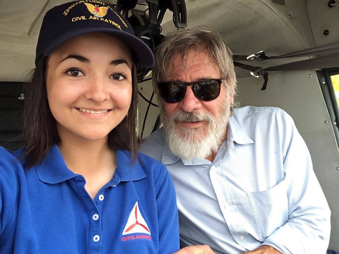 C/Lt Col Jodie Gawthrop on her flight with Harrison Ford today - A #NBB16 cadet and the 2,000,000 #YoungEagle!