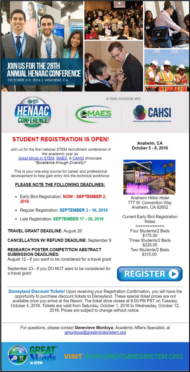 GreatMindsSTEM's tweet photo. Early bird registration for 28th HENAAC national #STEM recruitment conference is now OPEN! https://t.co/hMT8bjkTrB https://t.co/nHK2X5PWkD