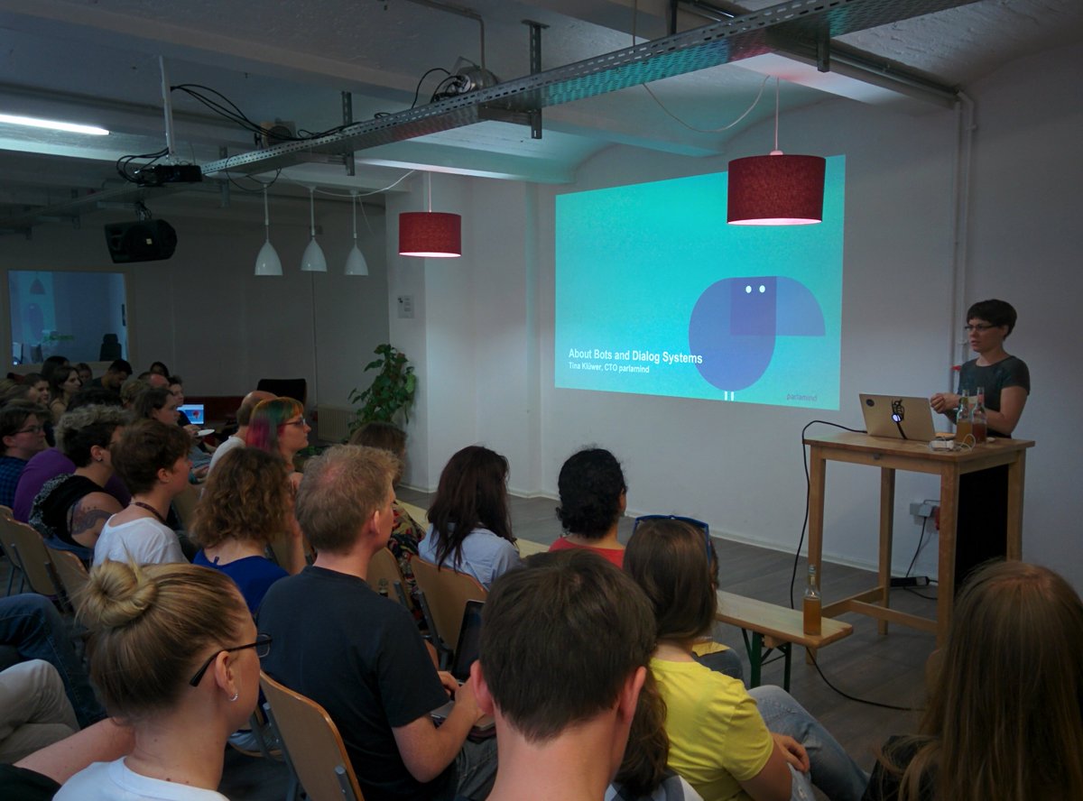 SociomanticDev's tweet photo. Our #NLP #MeetUp w/ @ggCarrotsBerlin starts as #TinaKlüwer #CTO of @parlamind speaks about #bots and #dialogsystems. https://t.co/GHiY90dprP