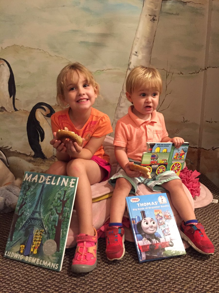 PenguinBookshop's tweet photo. Madeline & Thomas stopped by to read some of their favorite books - MADELINE & THOMAS THE TANK ENGINE #literarynames https://t.co/M0slRs5PyG
