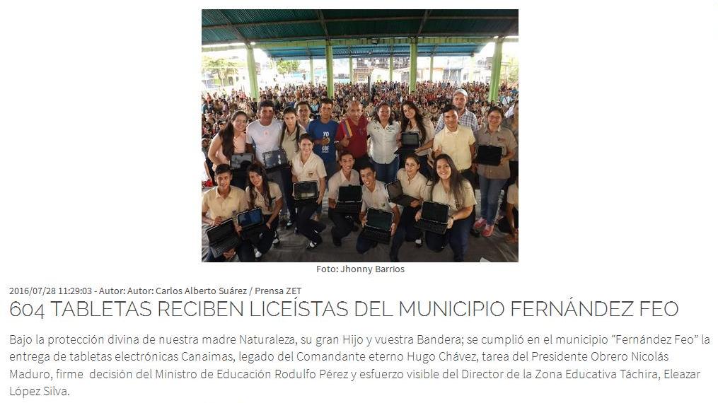 #EsNOTICIA 604 tabletas reciben liceístas del municipio Fernández Feo │Entra en: zet.edu.ve/prensazet