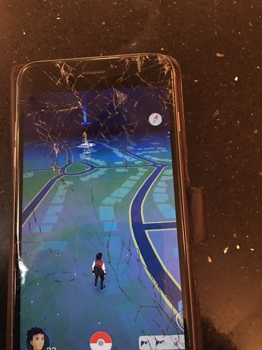 wossy's tweet photo. My phone after trying to catch a Mankey too enthusiastically. Damn you, pokemonsters! https://t.co/eDTr7JWZve