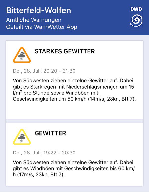 realstormabi's tweet photo. #DWD #WarnWetter Aktuelle #Wetterwarnung vor #Gewitter mit #Starkregen für #Bitterfeld-#Wolfen https://t.co/TLnqUHJSwf