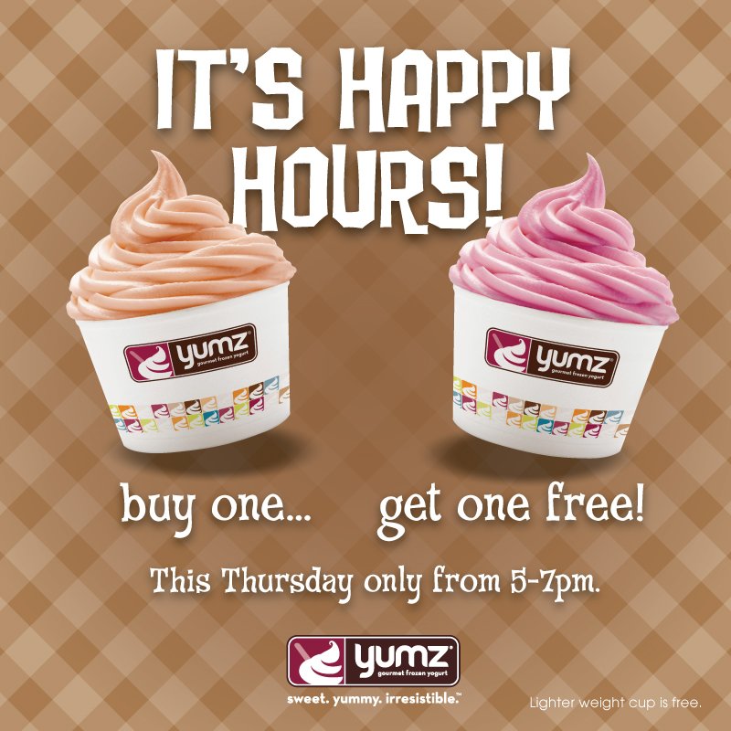 Tonight just got a lot more fun. Buy 1/Get 1 Free at Yumz.  Bring a friend and let them pay!  See you <a href="/YumzFroYo/">Yumz Frozen Yogurt</a>