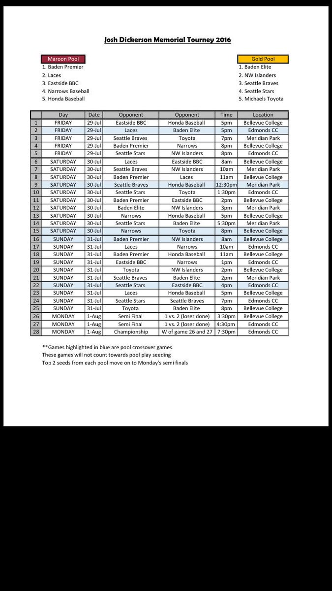 LacesBaseball's tweet image. Schedule for the Josh Dickerson Memorial Tournament this weekend!