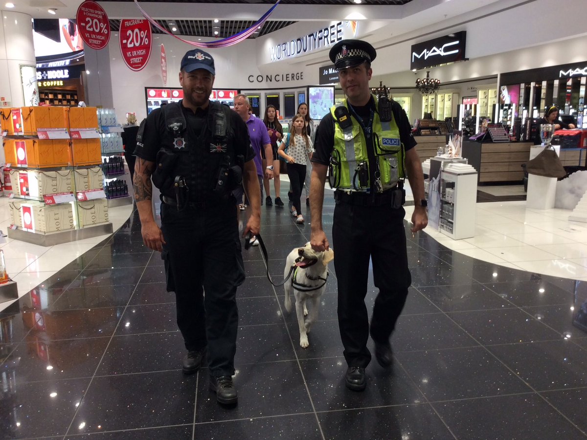 EssexPoliceUK's tweet photo. We're #OnDutyWith #EPDogs at @EssexPoliceSTN monitoring outbound flights + helping to keep our airport safe https://t.co/c1kT2OL5yo