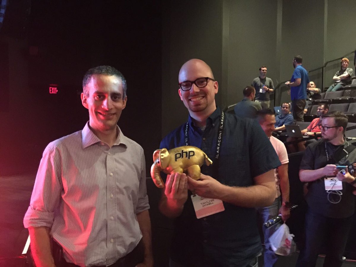 taylorotwell's tweet image. Got to hold @TheGoldElephant! Thanks @zeevs! #Laracon