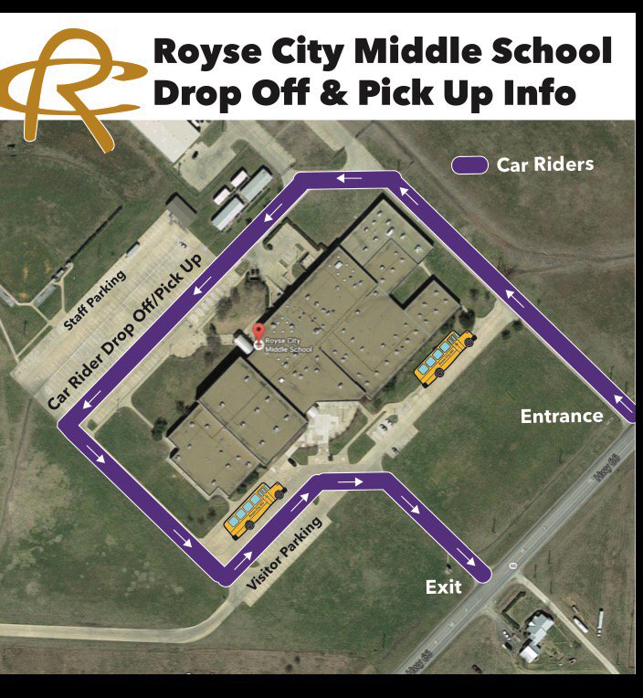 New RCMS traffic pattern! Car riders drop off/pick up in BACK. Buses will use front. ONE-WAY entrance and exit.