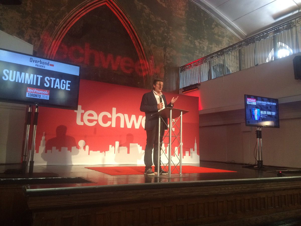 KevinJamesHunt's tweet photo. @JohnTory made it, explaining his lateness and delivering a very compelling talk at #TechweekTO. #NewWayToLive! https://t.co/qRIyJDU7Jp