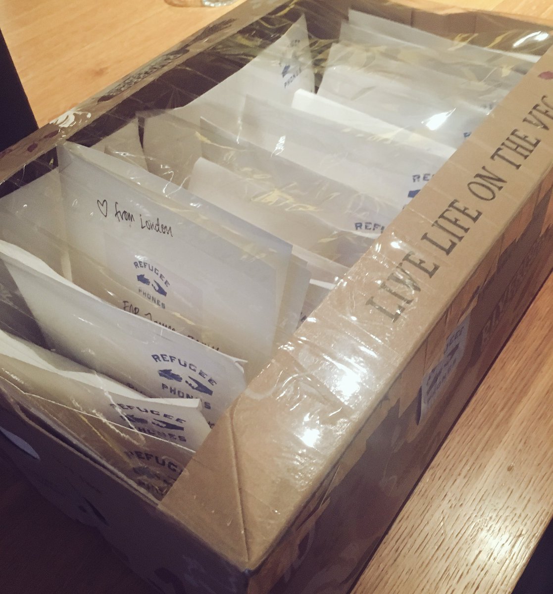 Big box of #refugeephones heading to Calais this week with <a href="/JoinCalAid/">CalAid</a> to bring connectivity to those in need 📱❤️
